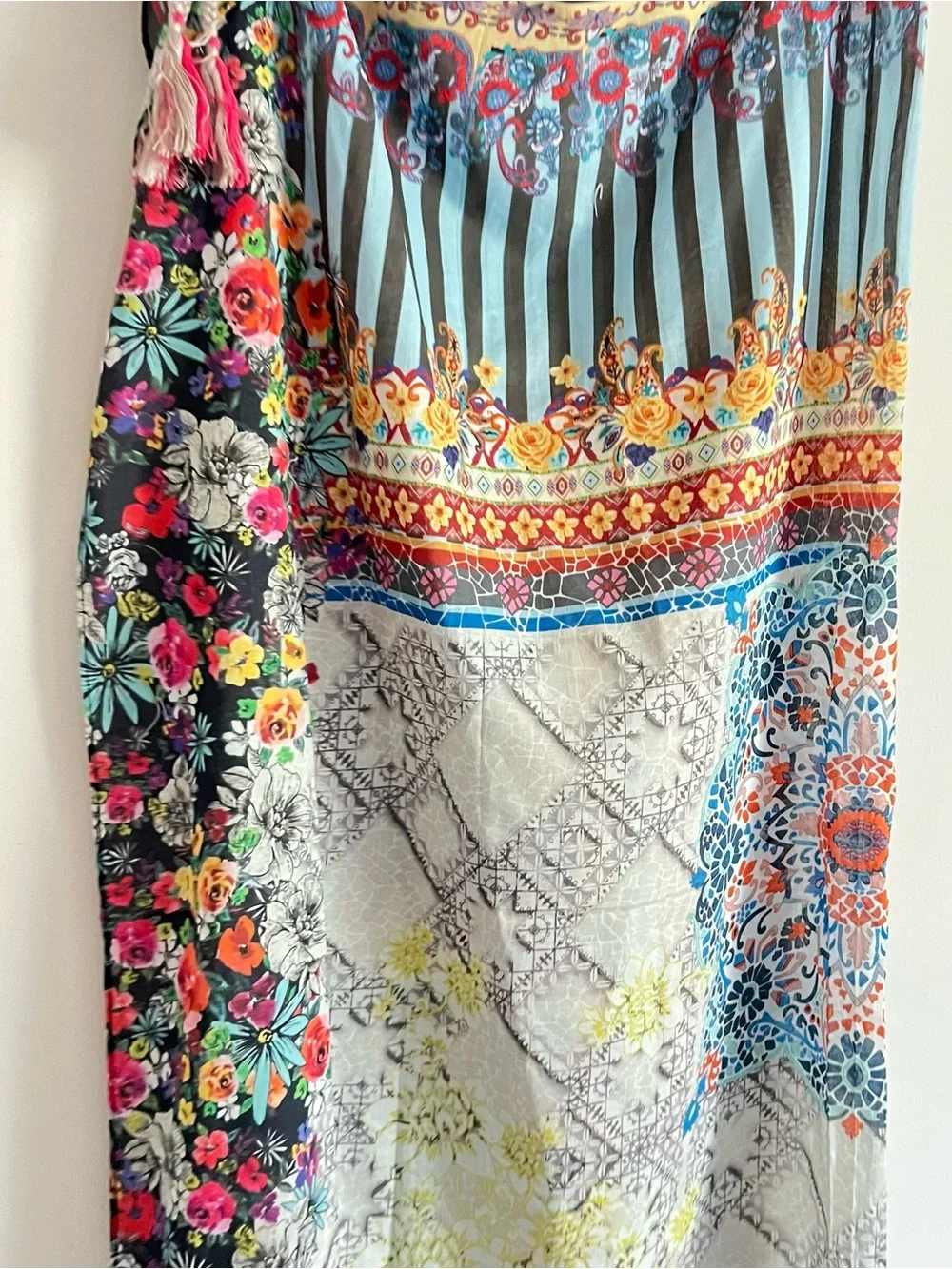 Johnny Was Multicolor Patchwork Floral Print Tassel Scarf Boho Wrap Shawl